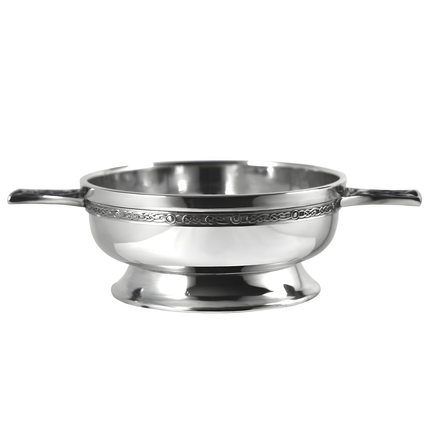 Pewter quaich bowl with Celtic knot handle and intricate design.