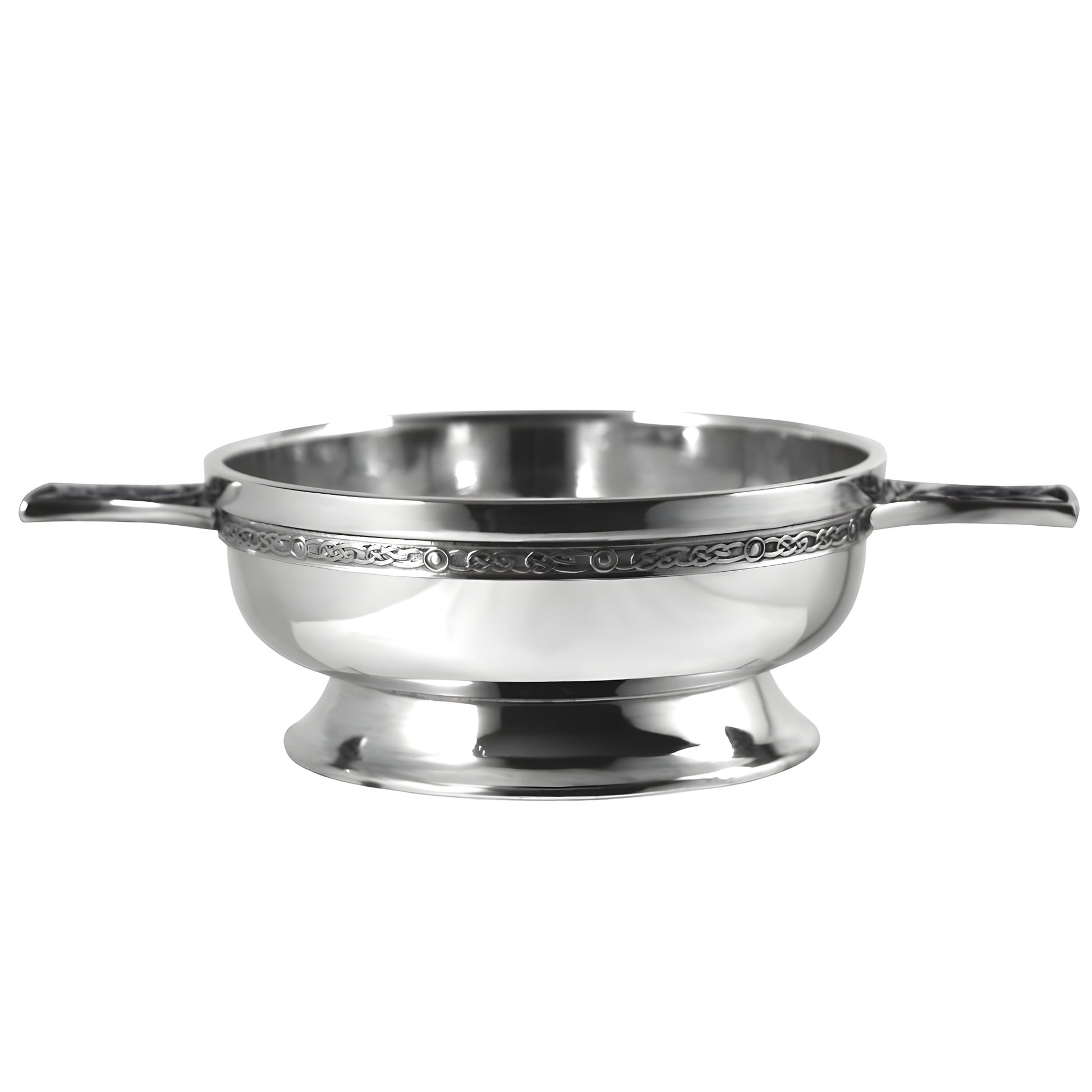 Pewter quaich bowl with Celtic knot handle and intricate design.