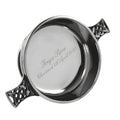 Example engraving (christening): "Freya Rose / Christened 4th April 2027" inside the 4.5" Celtic Knot Handle Pewter Quaich Bowl