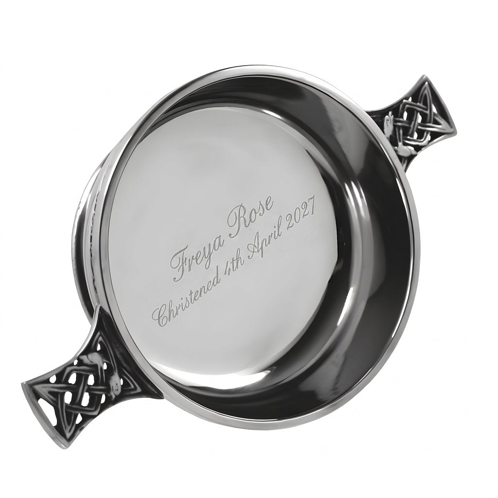 Example engraving (christening): "Freya Rose / Christened 4th April 2027" inside the 4.5" Celtic Knot Handle Pewter Quaich Bowl