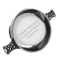 Example engraving (thank you): "David Wilson / 32 Years of Service / Thank You" inside the 4.5" Celtic Knot Handle Pewter Quaich Bowl