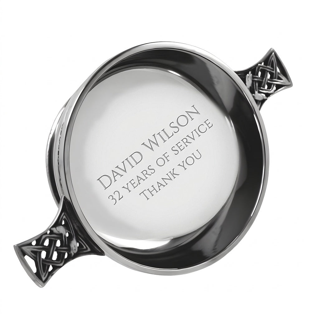 Example engraving (thank you): "David Wilson / 32 Years of Service / Thank You" inside the 4.5" Celtic Knot Handle Pewter Quaich Bowl