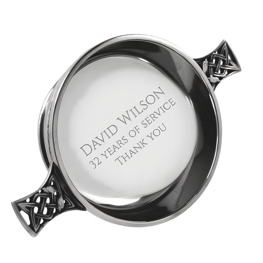 Example engraving (thank you): "David Wilson / 32 Years of Service / Thank You" inside the 4.5" Celtic Knot Handle Pewter Quaich Bowl