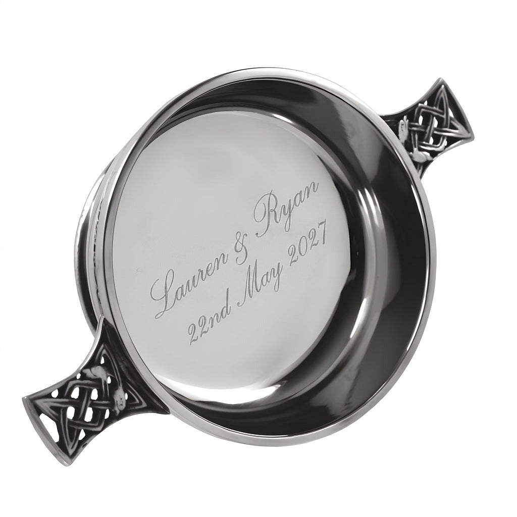 Example engraving (wedding): "Lauren & Ryan / 22nd May 2027" inside the 4.5" Celtic Knot Handle Pewter Quaich Bowl