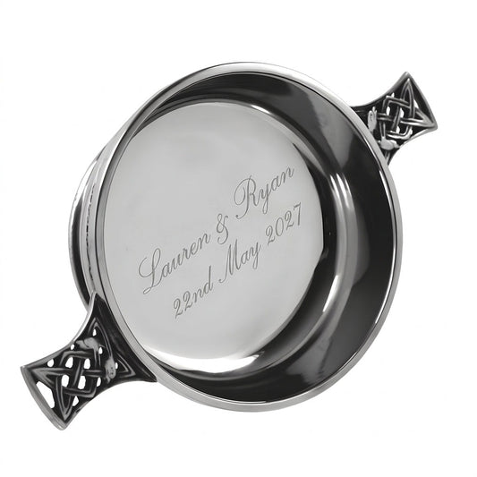 Example engraving (wedding): "Lauren & Ryan / 22nd May 2027" inside the 4.5" Celtic Knot Handle Pewter Quaich Bowl