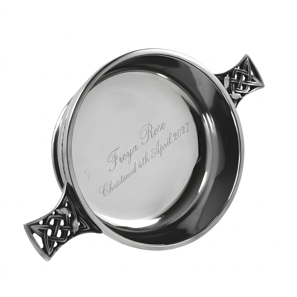 Example engraving (christening): "Freya Rose / Christened 4th April 2027" inside the 4" Celtic Knot Handle Pewter Quaich Bowl