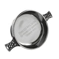 Example engraving (thank you): "David Wilson / 32 Years of Service / Thank You" inside the 4" Celtic Knot Handle Pewter Quaich Bowl