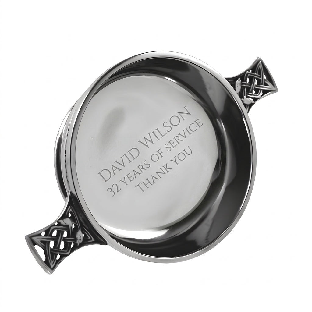Example engraving (thank you): "David Wilson / 32 Years of Service / Thank You" inside the 4" Celtic Knot Handle Pewter Quaich Bowl