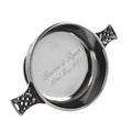 Example engraving (wedding): "Lauren & Ryan / 22nd May 2027" inside the 4" Celtic Knot Handle Pewter Quaich Bowl