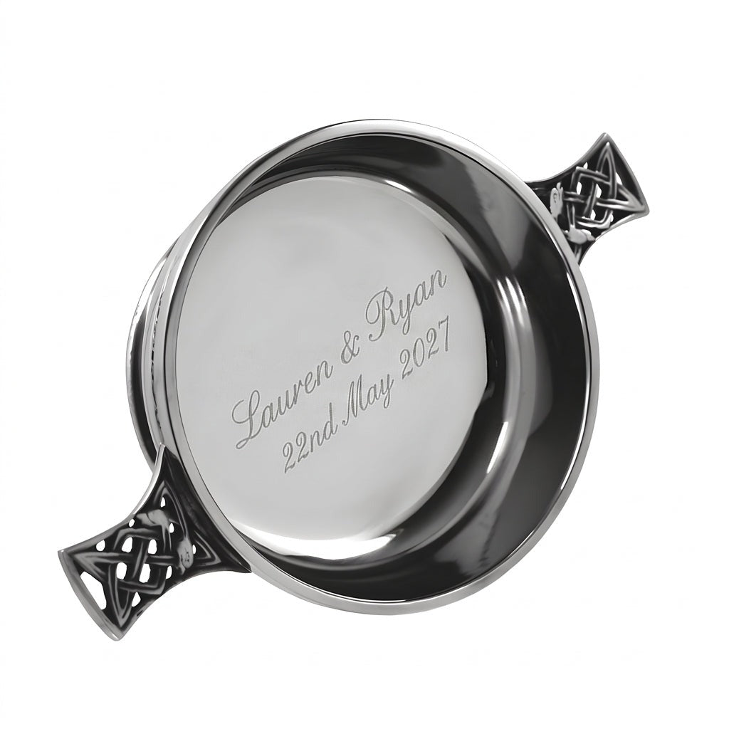 Example engraving (wedding): "Lauren & Ryan / 22nd May 2027" inside the 4" Celtic Knot Handle Pewter Quaich Bowl