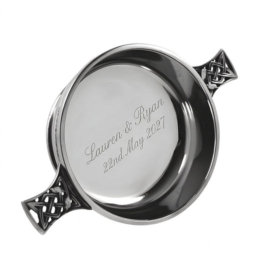 Example engraving (wedding): "Lauren & Ryan / 22nd May 2027" inside the 4" Celtic Knot Handle Pewter Quaich Bowl
