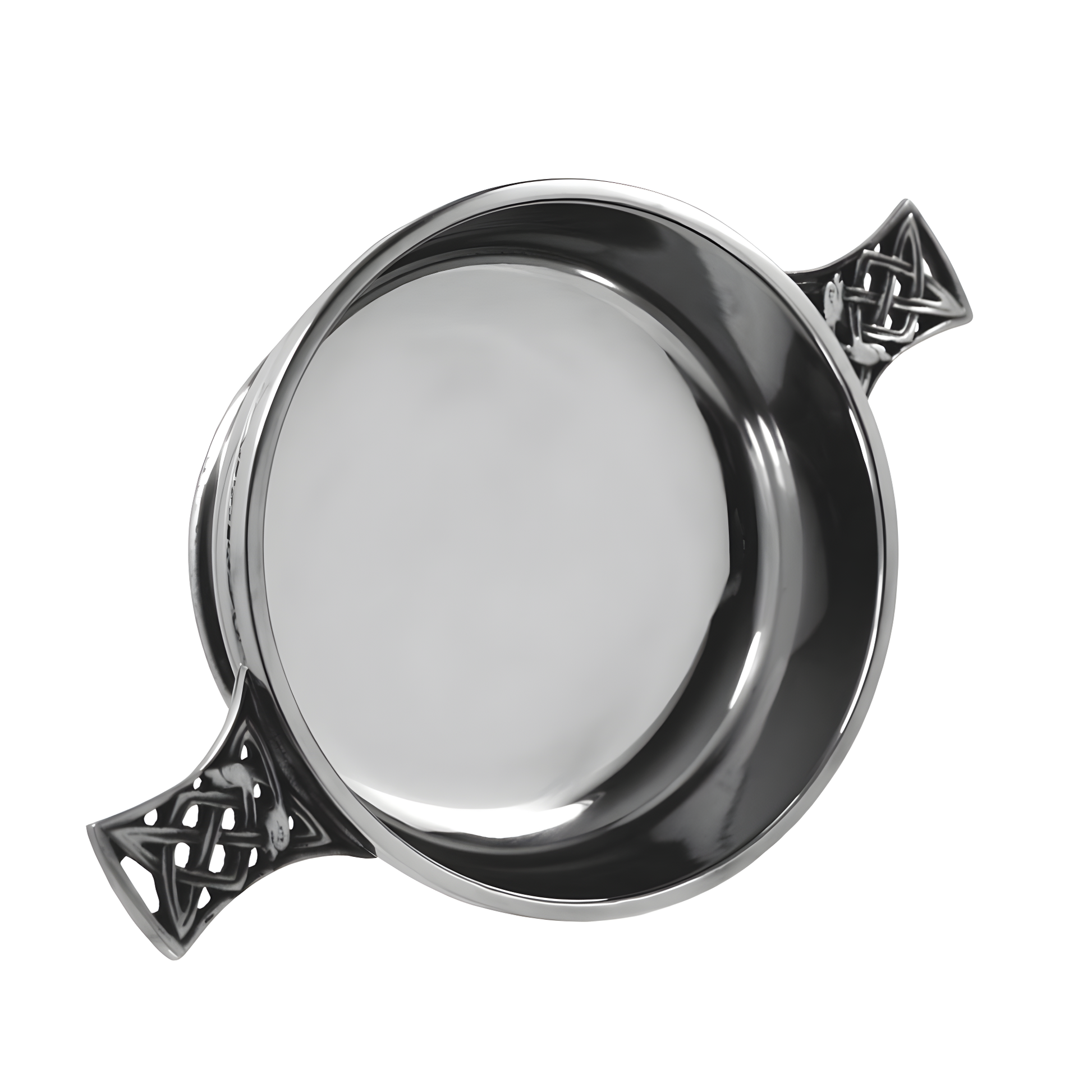 Pewter quaich bowl with Celtic knot handles viewed from above