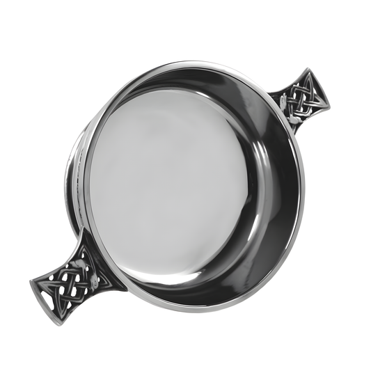 Pewter quaich bowl with Celtic knot handles viewed from above