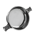 Pewter quaich bowl with Celtic knot handles viewed from above