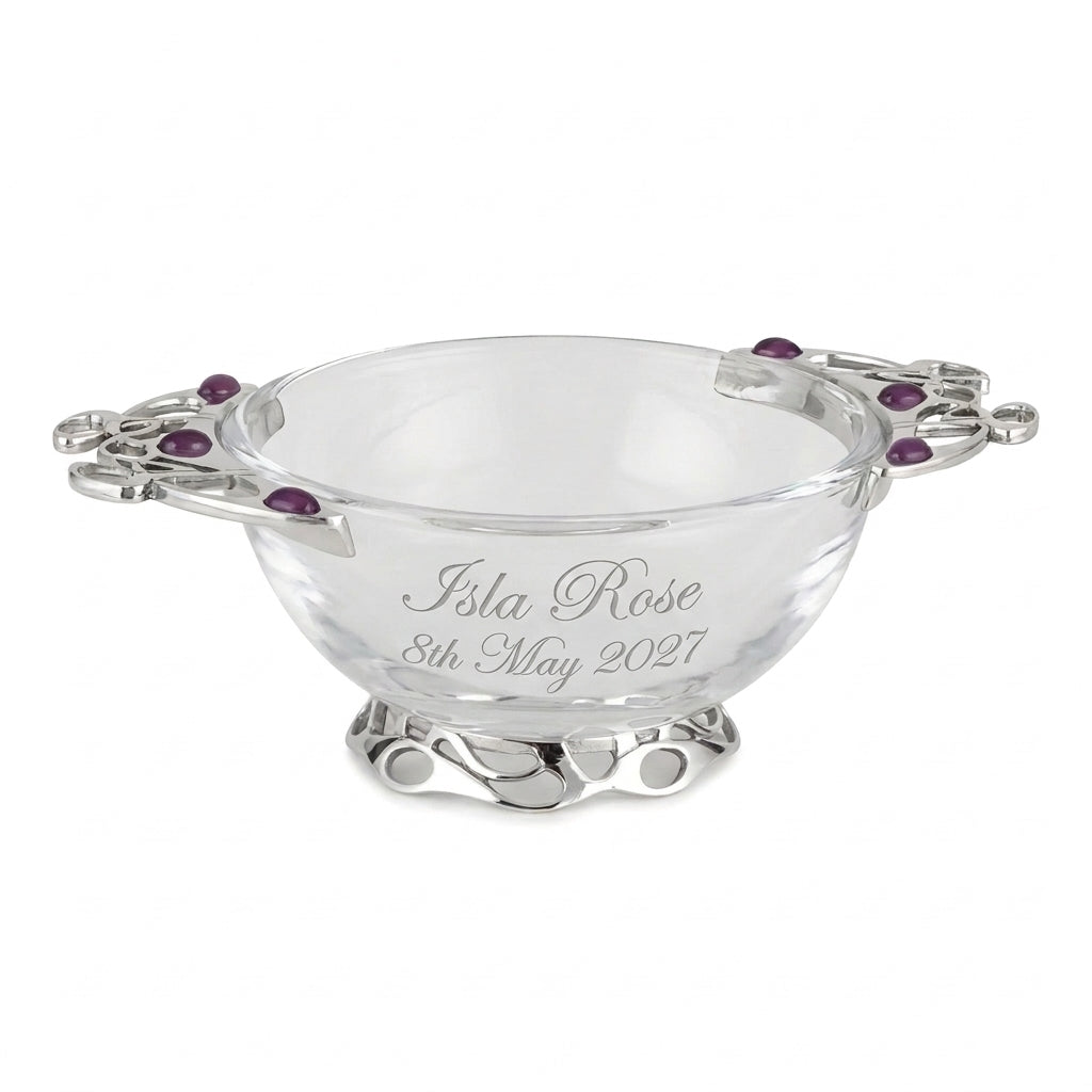 Example engraving (christening): "Isla Rose / 8th May 2027" on the 4" Glass & Pewter Purple Stone Celtic Quaich Bowl