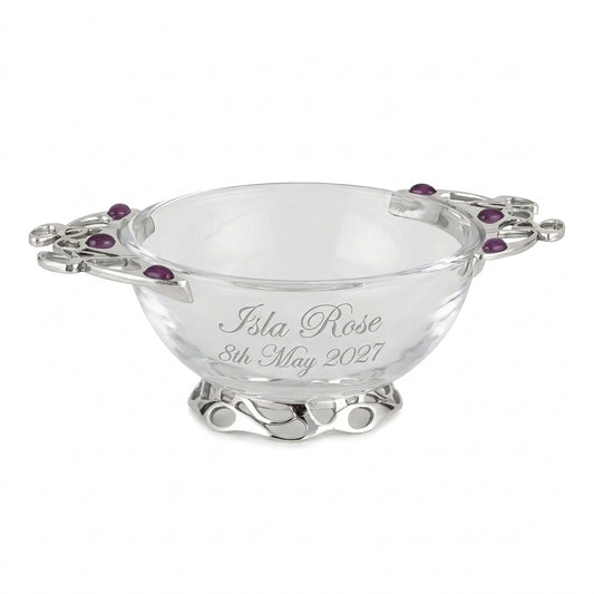 Example engraving (christening): "Isla Rose / 8th May 2027" on the 4" Glass & Pewter Purple Stone Celtic Quaich Bowl