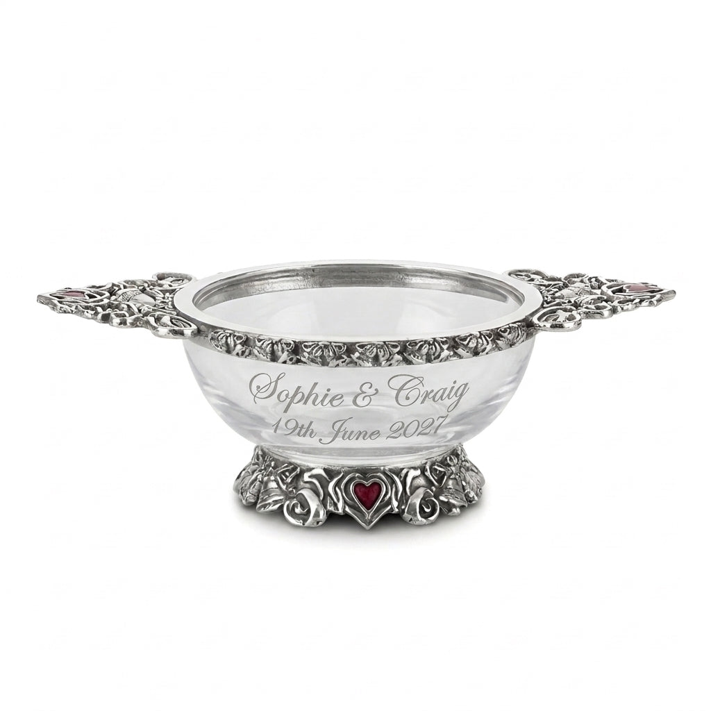 Example engraving (wedding): "Sophie & Craig / 19th June 2027" on the 4" Glass & Pewter Wedding Quaich Bowl