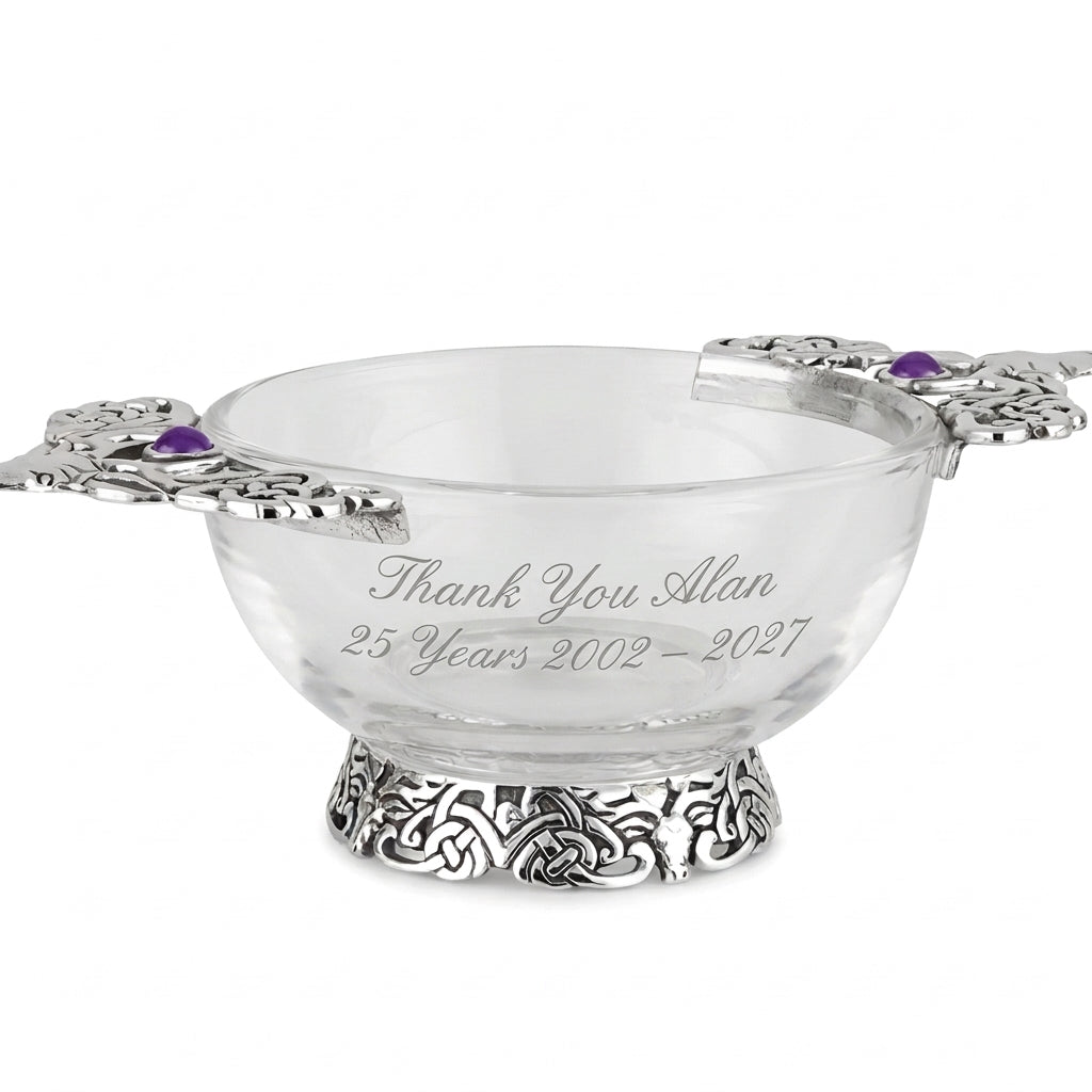 Example engraving (thank you): "Thank You Alan / 25 Years 2002 – 2027" on the 4" Glass Stag Quaich Bowl