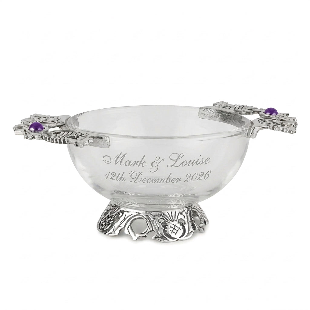 Example engraving (wedding): "Mark & Louise / 12th December 2026" on the 4" Glass Thistle Quaich Bowl