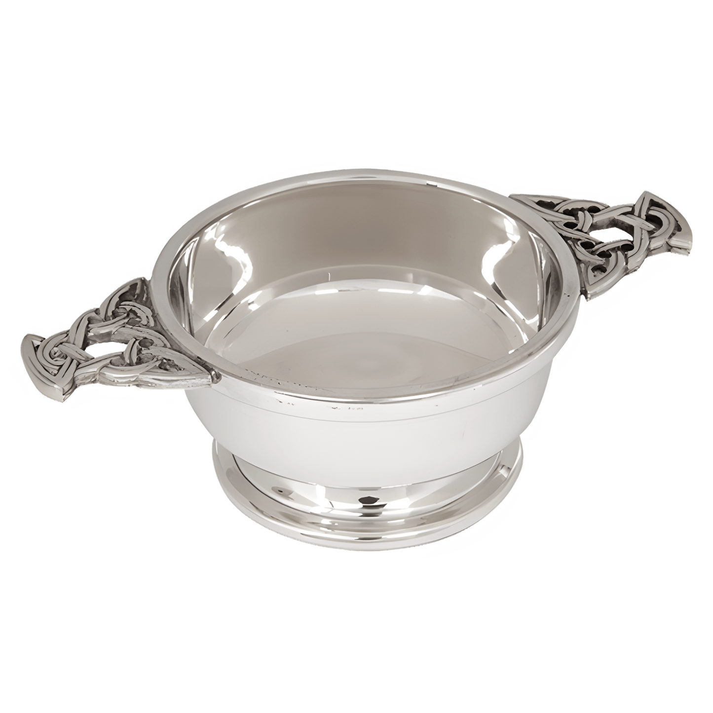 4-inch Highland pewter quaich with Celtic design and handles, traditional Scottish bowl.