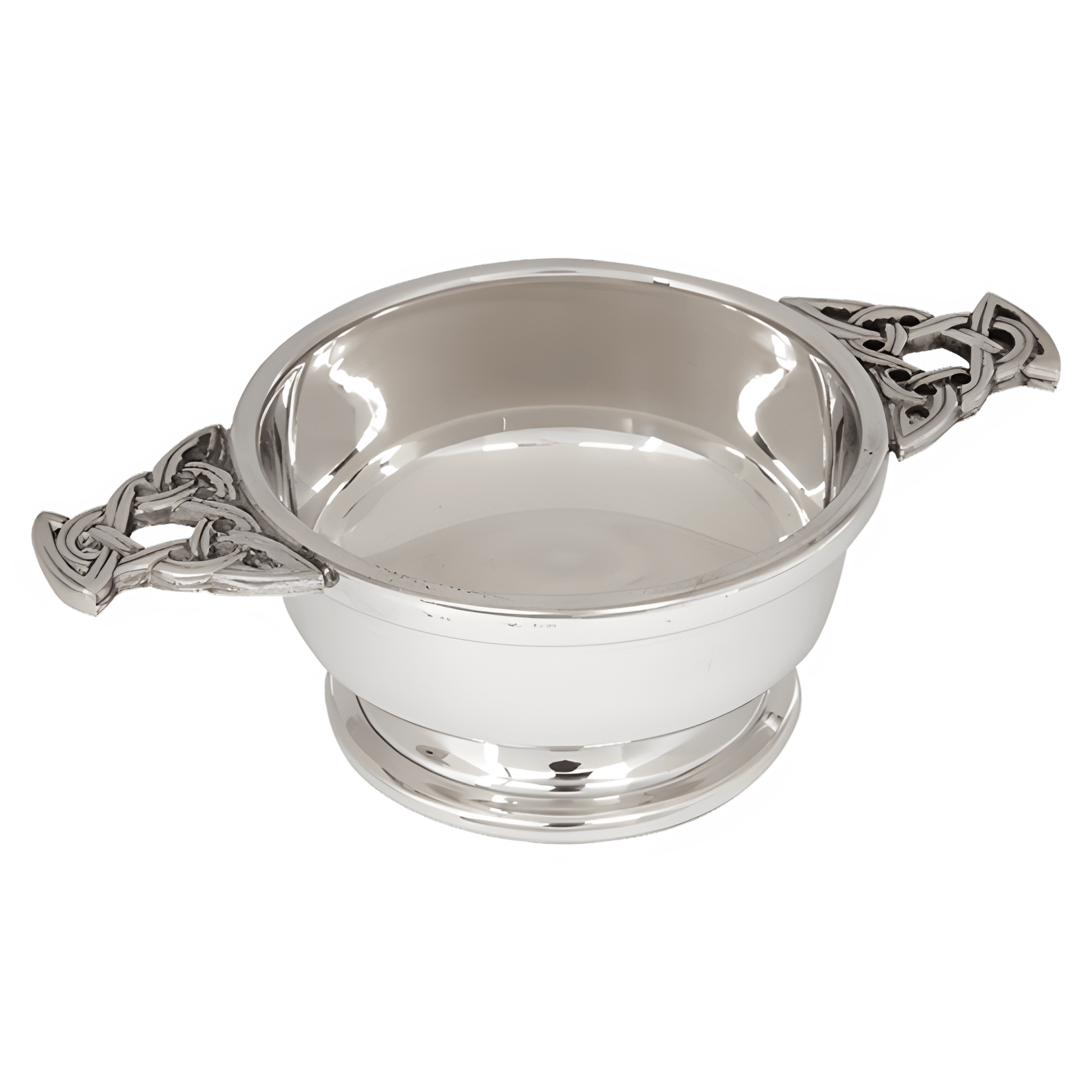 4-inch Highland pewter quaich with Celtic design and handles, traditional Scottish bowl.