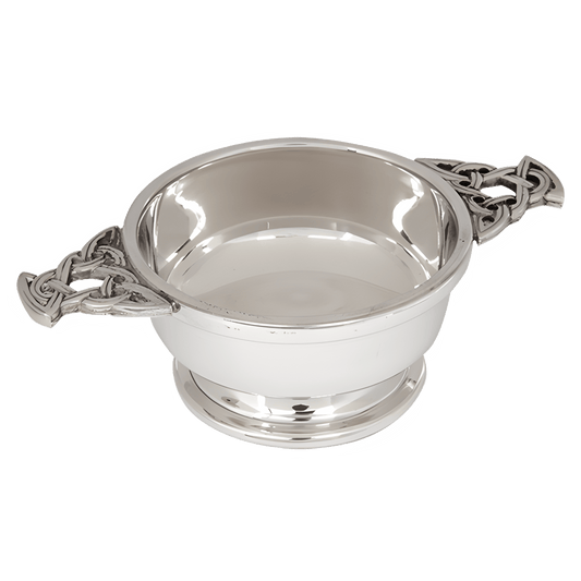 4-inch Highland pewter quaich with Celtic design and handles, traditional Scottish bowl.