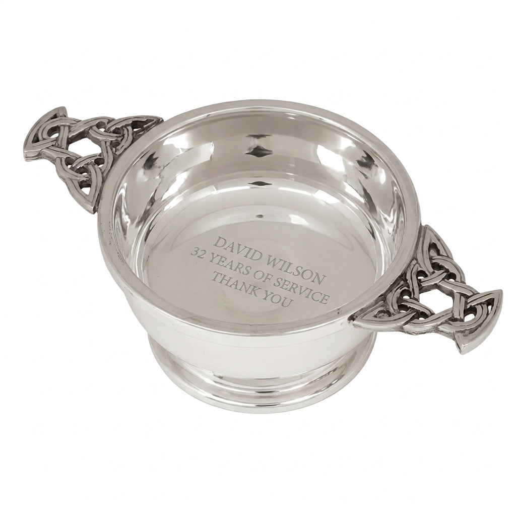 Example engraving (thank you): "David Wilson / 32 Years of Service / Thank You" inside the 4" Highland Pewter Quaich