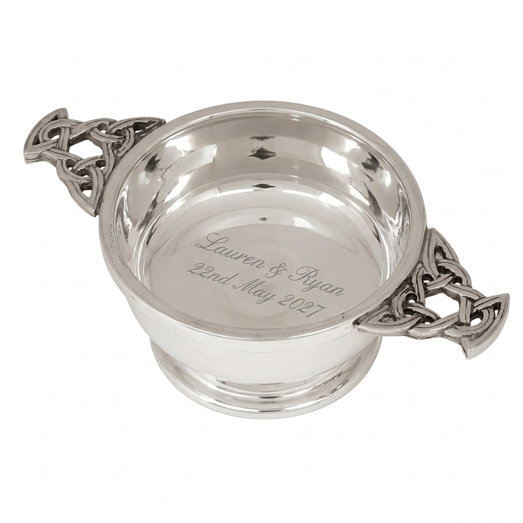 Example engraving (wedding): "Lauren & Ryan / 22nd May 2027" inside the 4" Highland Pewter Quaich