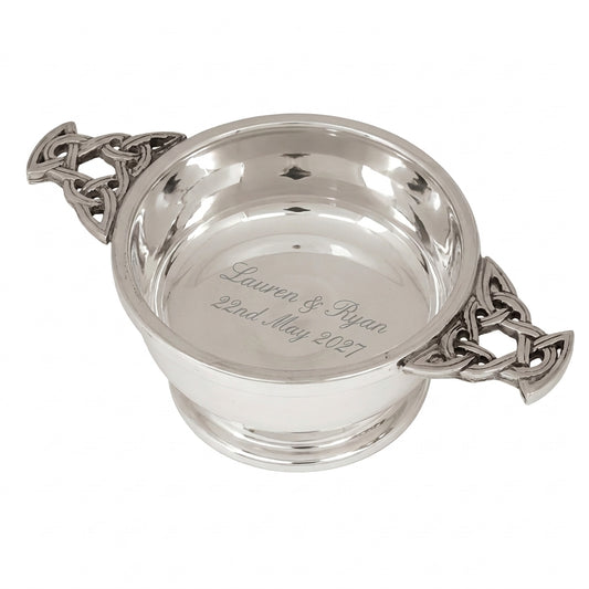 Example engraving (wedding): "Lauren & Ryan / 22nd May 2027" inside the 4" Highland Pewter Quaich