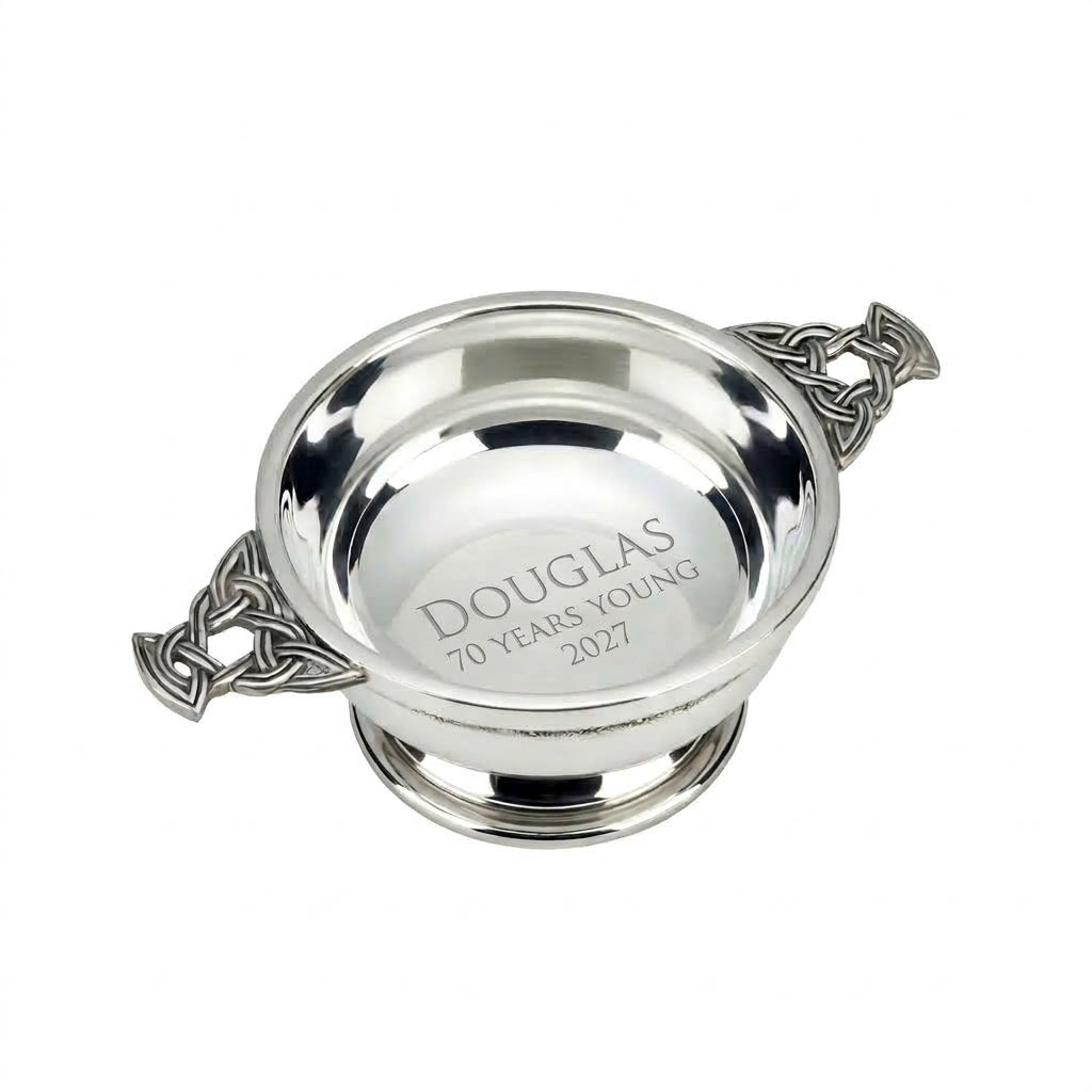 Example engraving (birthday): "DOUGLAS / 70 YEARS YOUNG / 2027" inside the 4" Nickel Plated Quaich Bowl