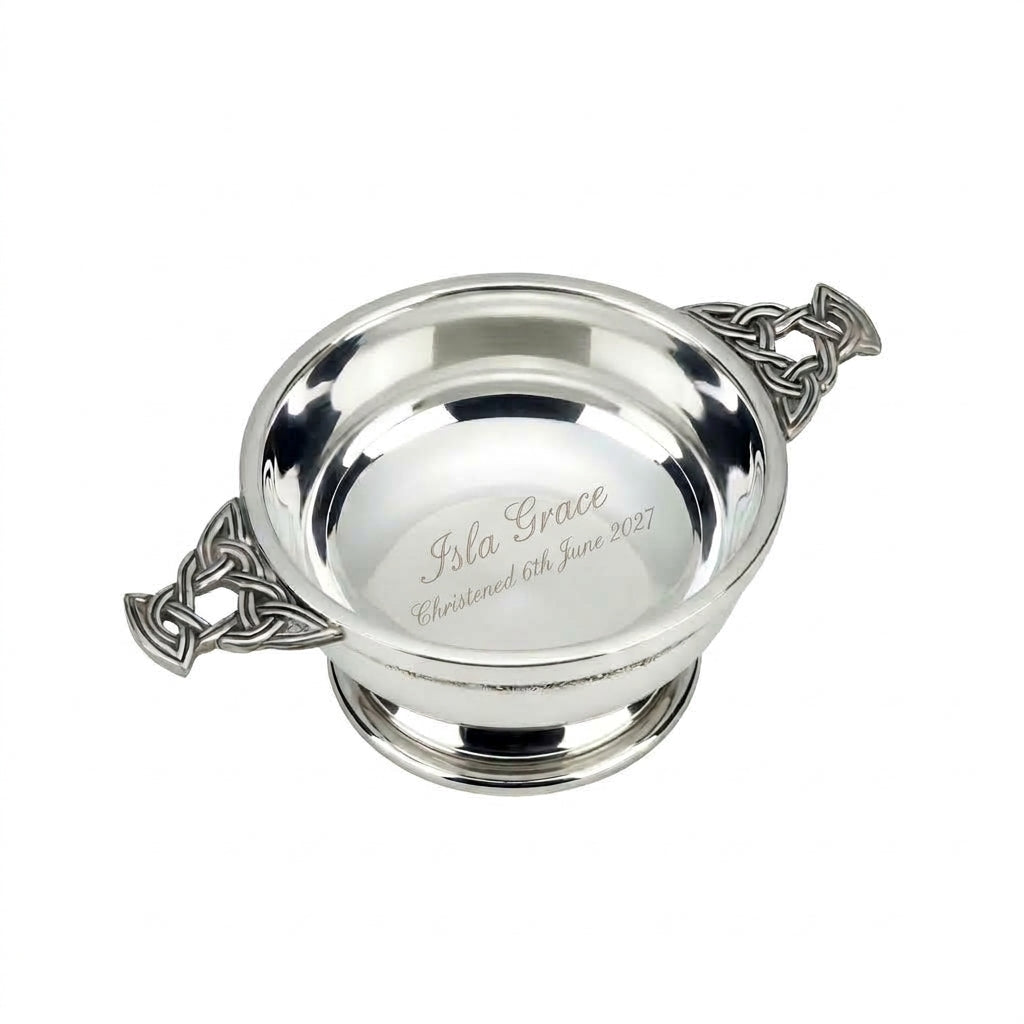 Example engraving (christening): "Isla Grace / Christened 6th June 2027" inside the 4" Nickel Plated Quaich Bowl