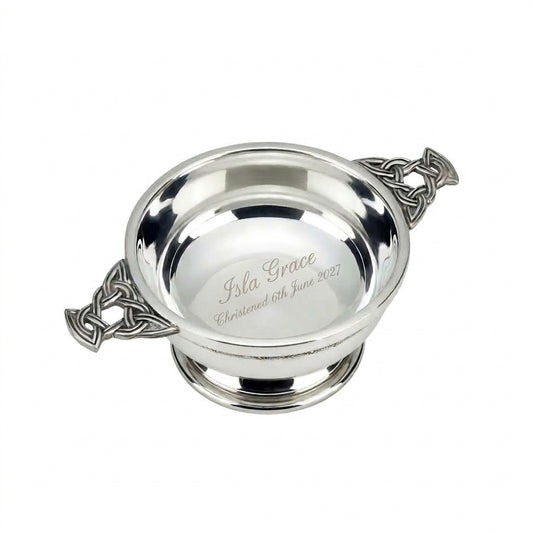 Example engraving (christening): "Isla Grace / Christened 6th June 2027" inside the 4" Nickel Plated Quaich Bowl