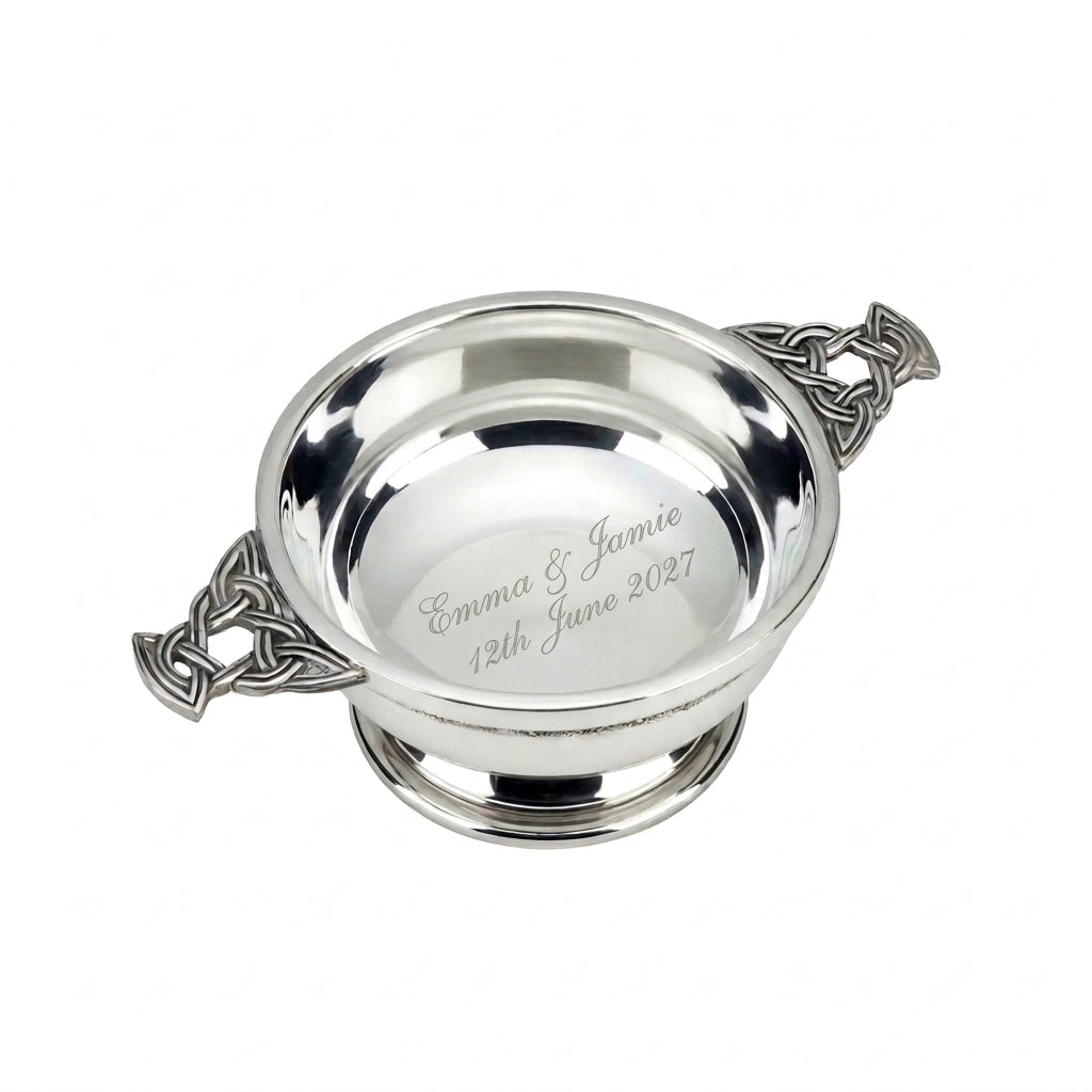 Example engraving (wedding): "Emma & Jamie / 12th June 2027" inside the 4" Nickel Plated Quaich Bowl