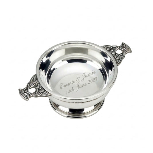 Example engraving (wedding): "Emma & Jamie / 12th June 2027" inside the 4" Nickel Plated Quaich Bowl