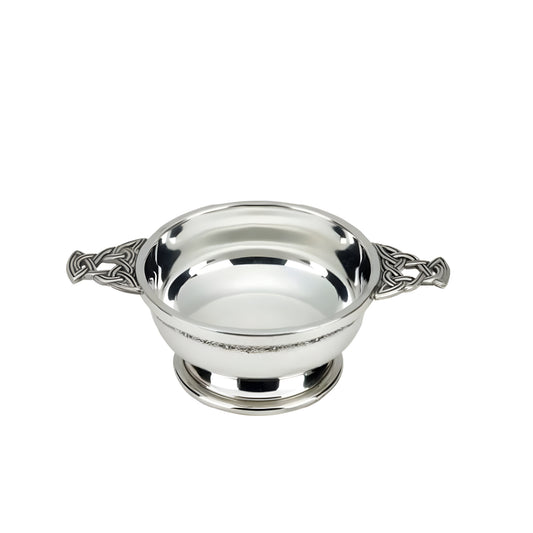 4-inch nickel-plated quaich with Celtic design handles on white background.