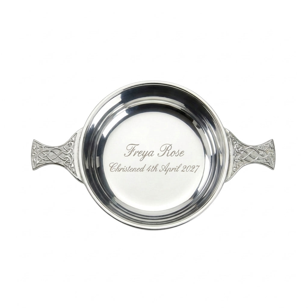 Example engraving (christening): "Freya Rose / Christened 4th April 2027" inside the 4" Pewter Quaich