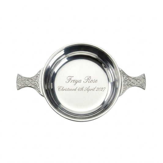 Example engraving (christening): "Freya Rose / Christened 4th April 2027" inside the 4" Pewter Quaich