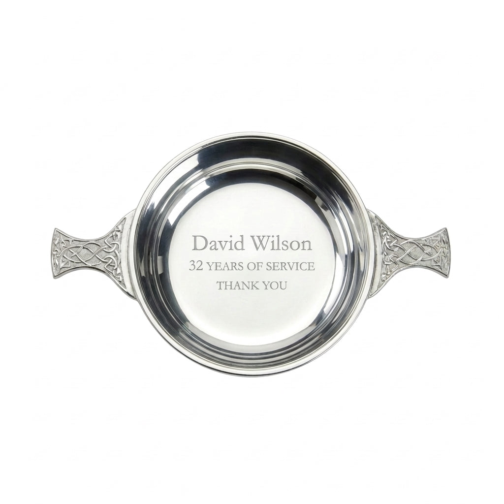 Example engraving (thank you): "David Wilson / 32 Years of Service / Thank You" inside the 4" Pewter Quaich