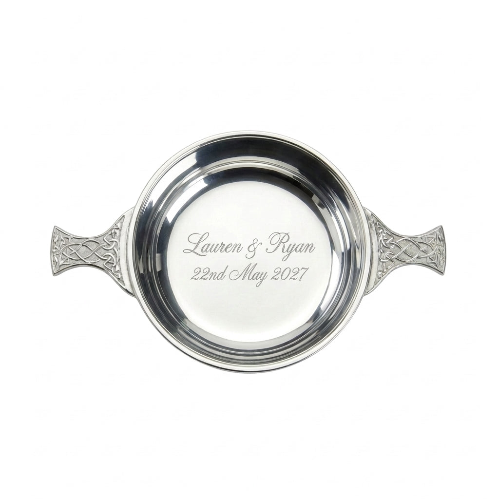 Example engraving (wedding): "Lauren & Ryan / 22nd May 2027" inside the 4" Pewter Quaich