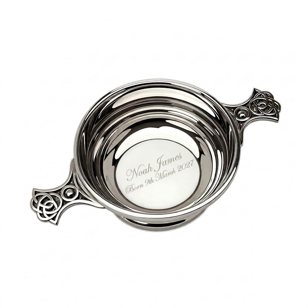 Example engraving (christening): "Noah James / Born 9th March 2027" inside the 4" Quaich Bowl Ribbed
