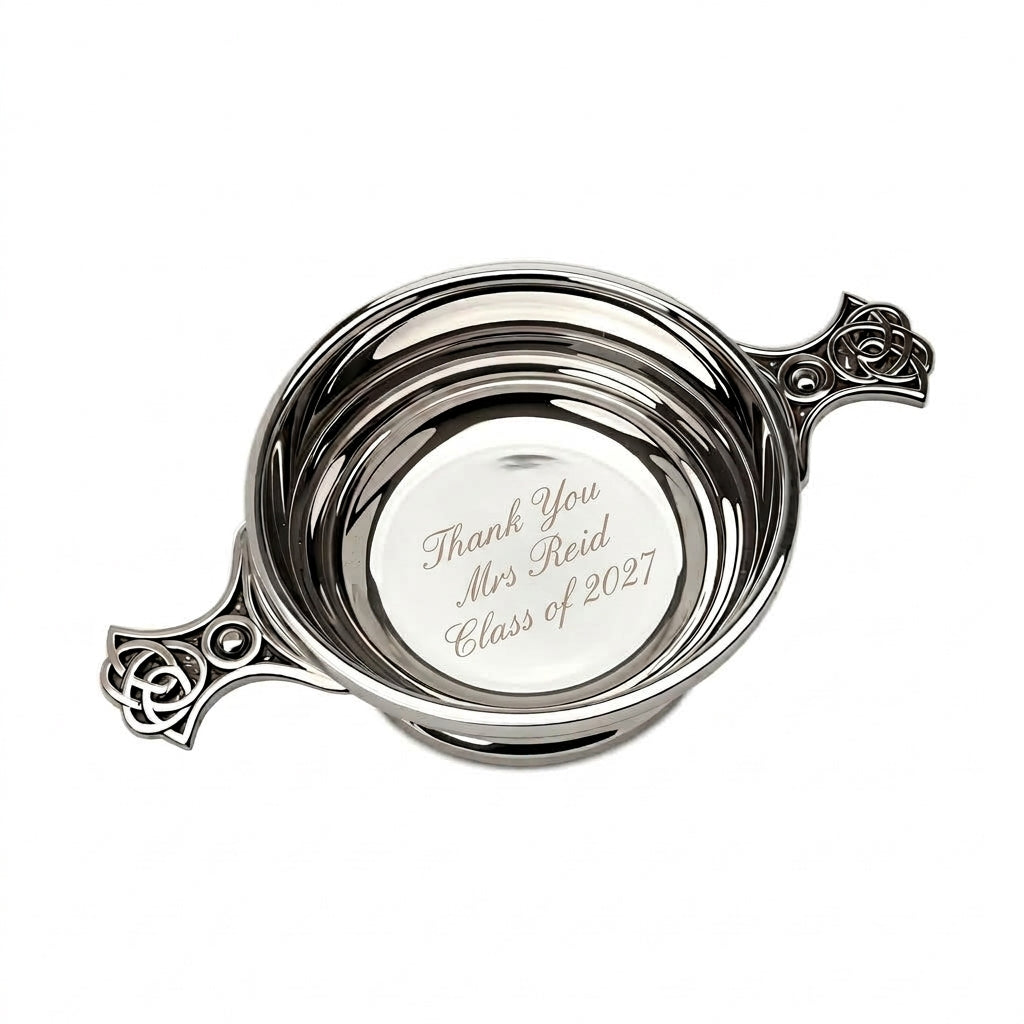 Example engraving (thank you): "Thank You / Mrs Reid / Class of 2027" inside the 4" Quaich Bowl Ribbed