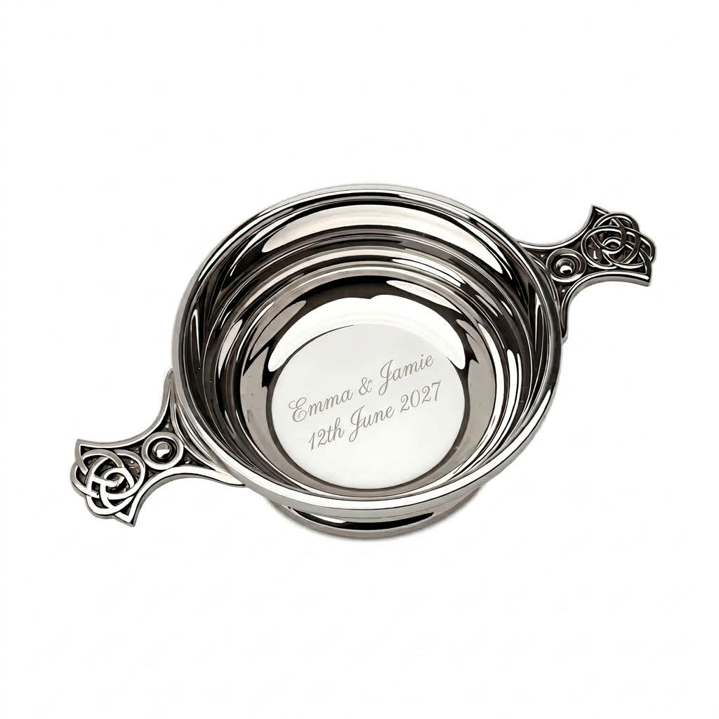 Example engraving (wedding): "Emma & Jamie / 12th June 2027" inside the 4" Quaich Bowl Ribbed