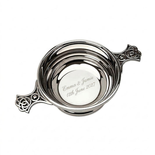 Example engraving (wedding): "Emma & Jamie / 12th June 2027" inside the 4" Quaich Bowl Ribbed