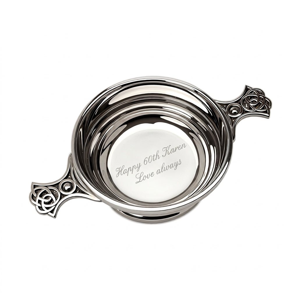 Example engraving (birthday): "Happy 60th Karen / Love always" inside the 4" Quaich Bowl Ribbed