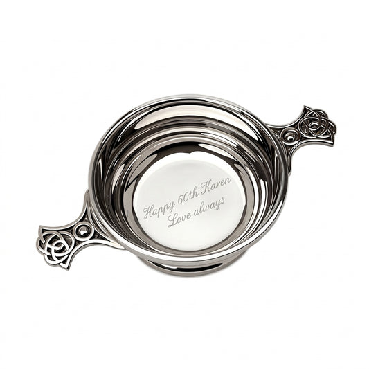 Example engraving (birthday): "Happy 60th Karen / Love always" inside the 4" Quaich Bowl Ribbed
