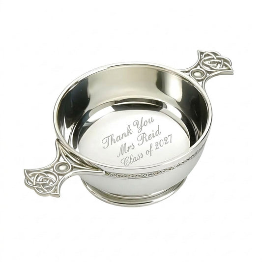 Example engraving (thank you): "Thank You / Mrs Reid / Class of 2027" inside the 4" Quaich Celtic Weave Handle