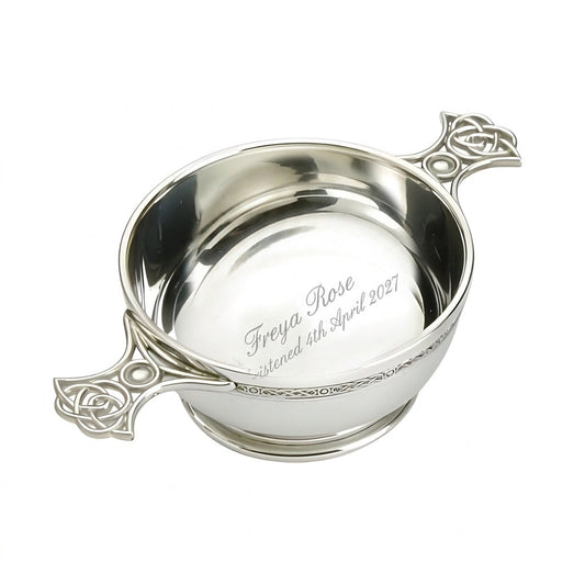 Example engraving (christening): "Freya Rose / Christened 4th April 2027" inside the 4" Quaich Celtic Weave Handle