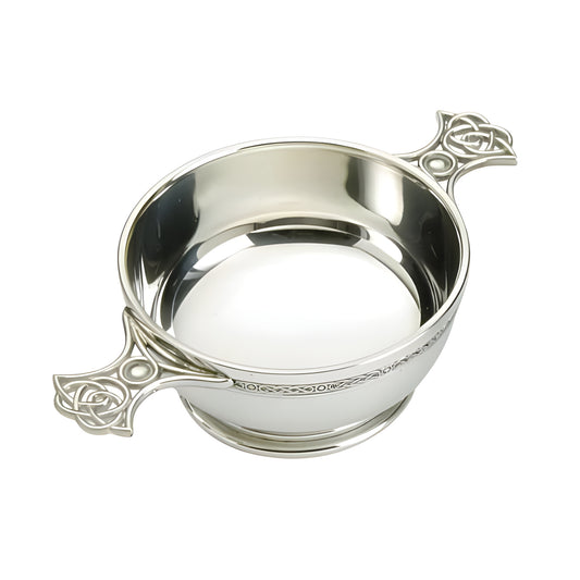 Silver quaich with Celtic weave handles, ideal for Scottish ceremonies