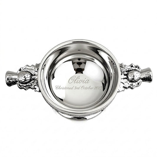 Example engraving (christening): "Olivia / Christened 3rd October 2027" inside the 4" Thistle Handle Pewter Quaich Bowl