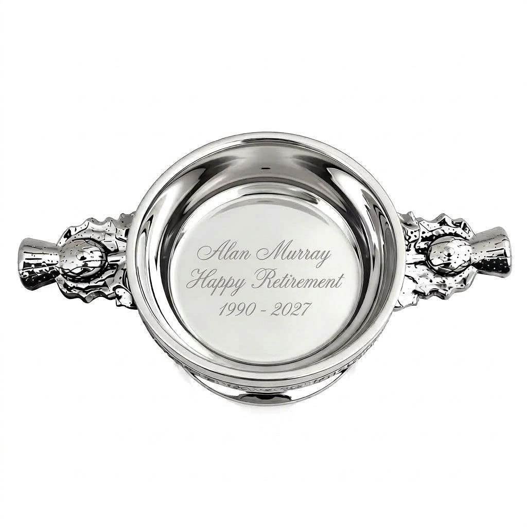 Example engraving (thank you): "Alan Murray / Happy Retirement / 1990 - 2027" inside the 4" Thistle Handle Pewter Quaich Bowl